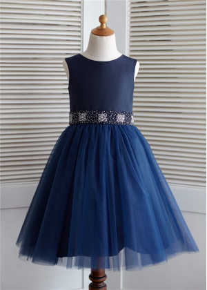 Navy Blue Satin Tulle Beaded Sash Knee Length Flower Girl Dress 